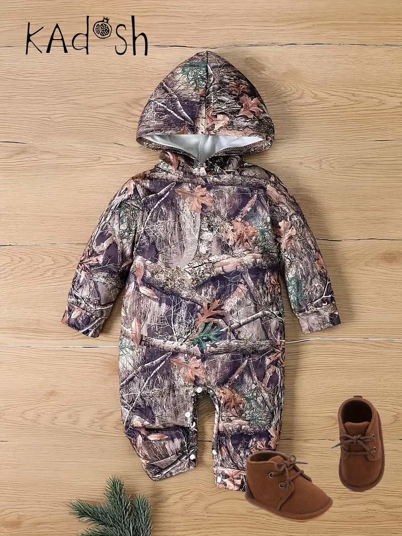 Little Explorer Camo Onesie | Hooded Infant Romper for Cold Weather Adventures