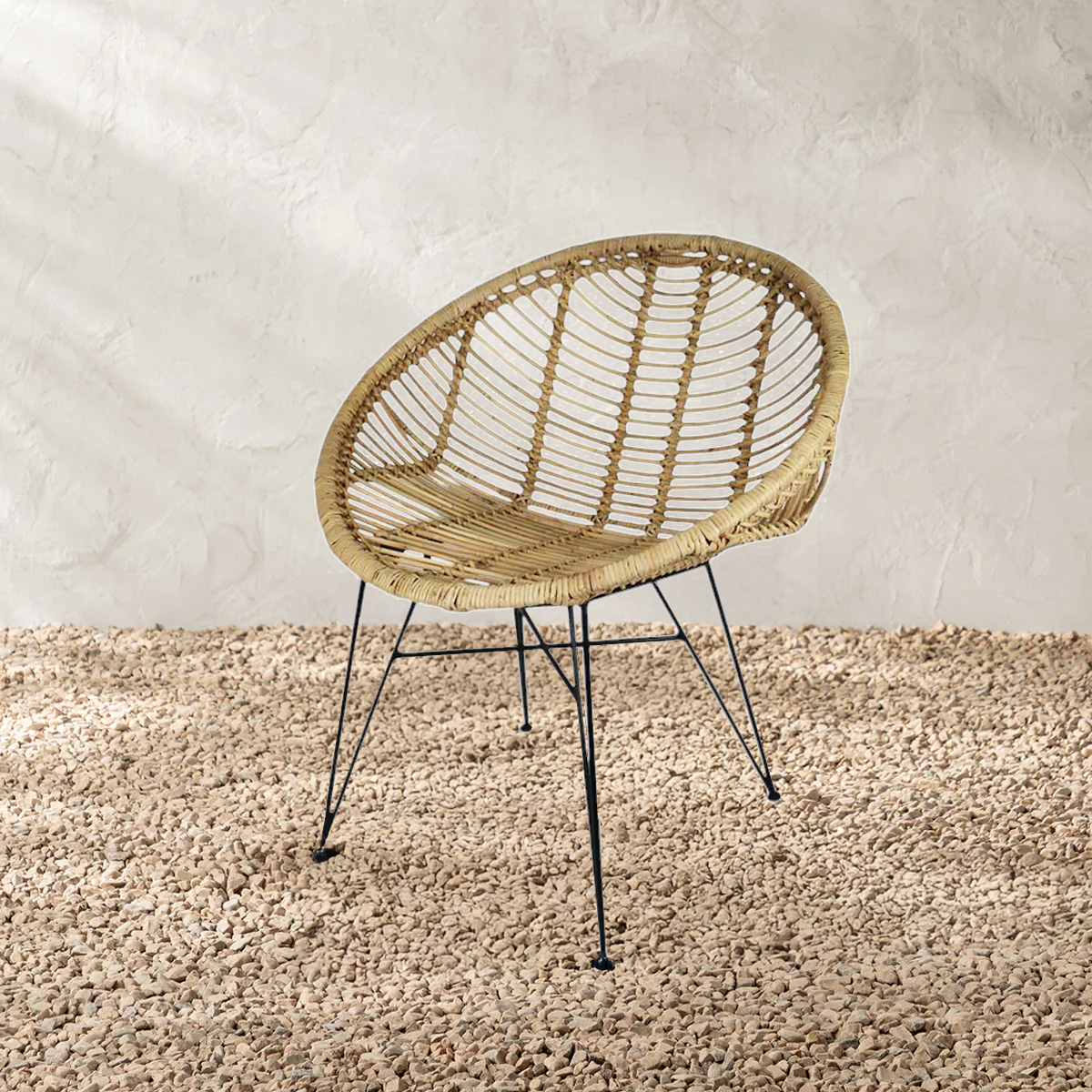 Round Rattan Chair with Black Steel Legs