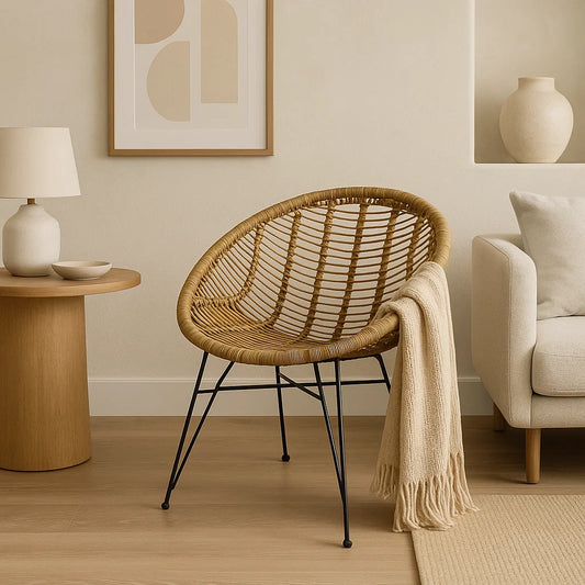 Round Rattan Chair with Black Steel Legs