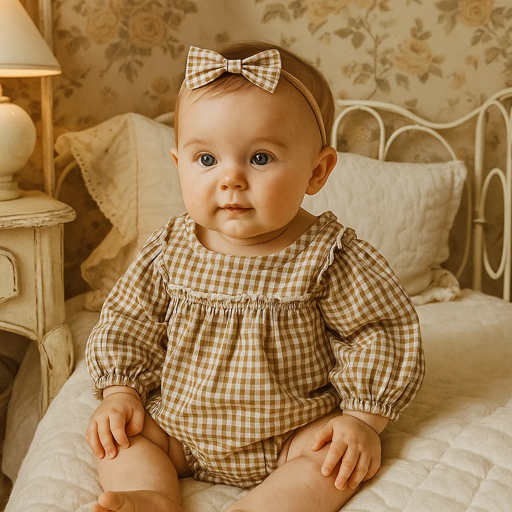 Anlia Gingham Long-Sleeve Baby Romper Set | Soft Woven Comfort for Stylish Little Ones